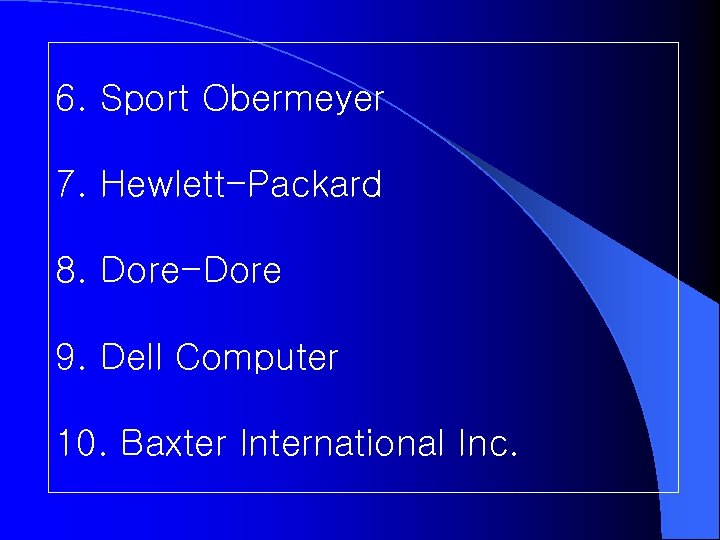 6. Sport Obermeyer 7. Hewlett-Packard 8. Dore-Dore 9. Dell Computer 10. Baxter International Inc.