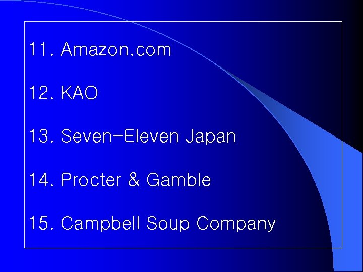 11. Amazon. com 12. KAO 13. Seven-Eleven Japan 14. Procter & Gamble 15. Campbell