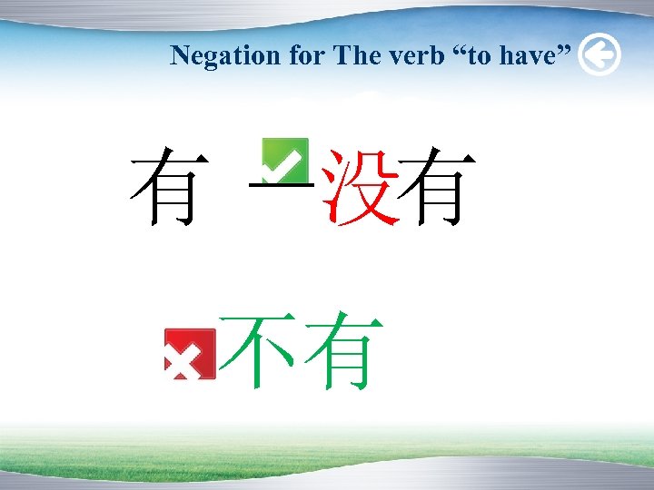 Negation for The verb “to have” 有 －没有 不有 