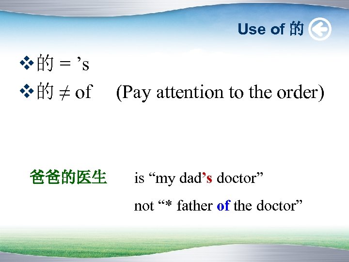 Use of 的 v的 = ’s v的 ≠ of 爸爸的医生 (Pay attention to the
