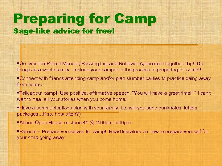 Preparing for Camp Sage-like advice for free! §Go over the Parent Manual, Packing List