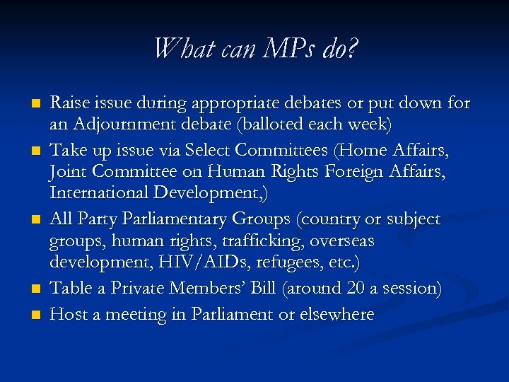What can MPs do? n n n Raise issue during appropriate debates or put