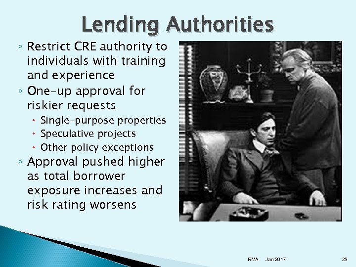 Lending Authorities ◦ Restrict CRE authority to individuals with training and experience ◦ One-up