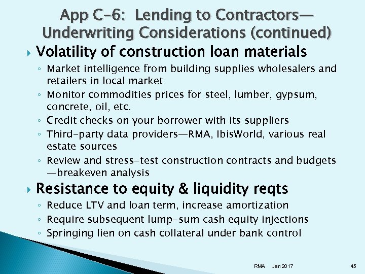  App C-6: Lending to Contractors— Underwriting Considerations (continued) Volatility of construction loan materials