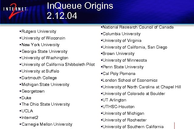 In. Queue Origins 2. 12. 04 §Rutgers University §University of Wisconsin §New York University