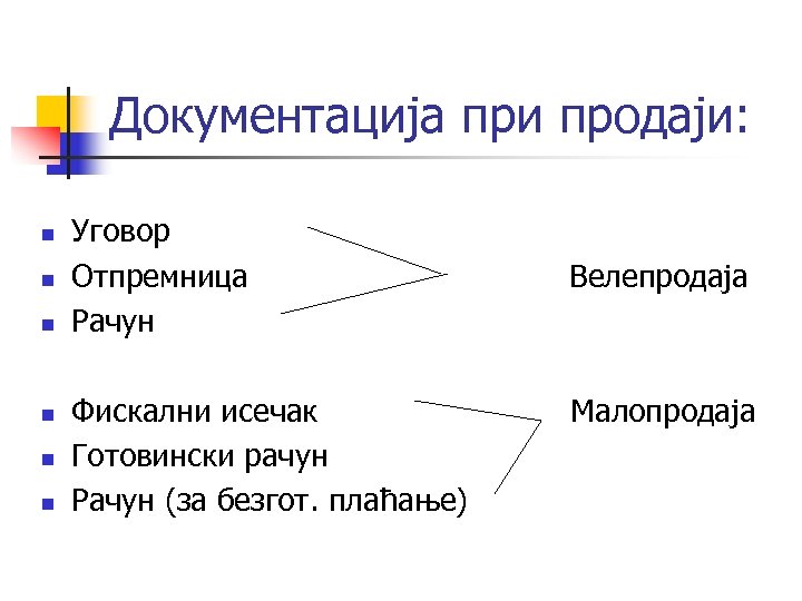 Документација при продаји: n n n Уговор Отпремница Рачун Фискални исечак Готовински рачун Рачун