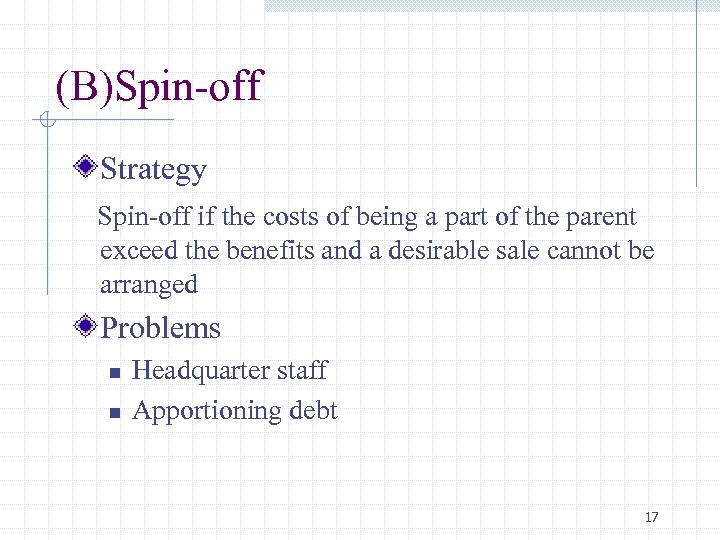 (B)Spin-off Strategy Spin-off if the costs of being a part of the parent exceed