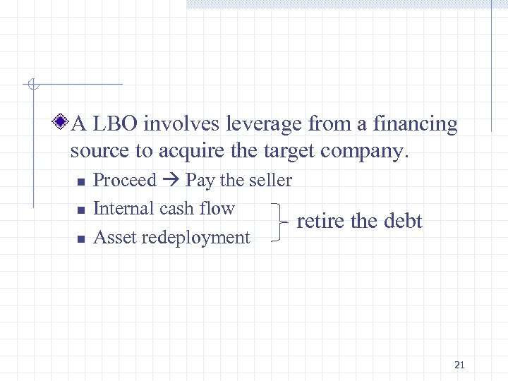 A LBO involves leverage from a financing source to acquire the target company. n