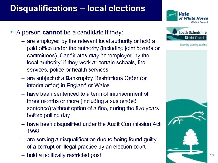 Disqualifications – local elections • A person cannot be a candidate if they: –