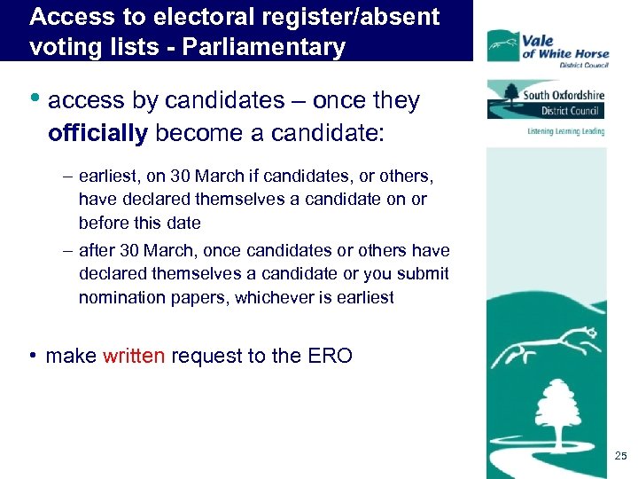Access to electoral register/absent voting lists - Parliamentary • access by candidates – once