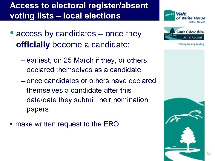 Access to electoral register/absent voting lists – local elections • access by candidates –