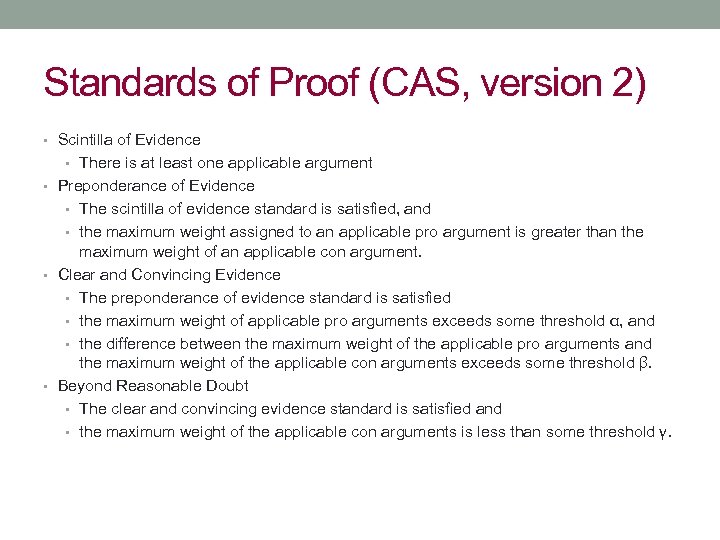 Standards of Proof (CAS, version 2) • Scintilla of Evidence • There is at