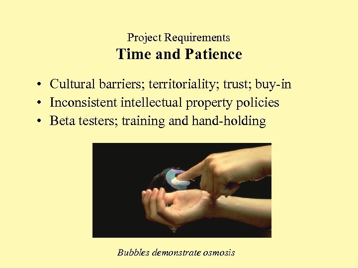 Project Requirements Time and Patience • Cultural barriers; territoriality; trust; buy-in • Inconsistent intellectual