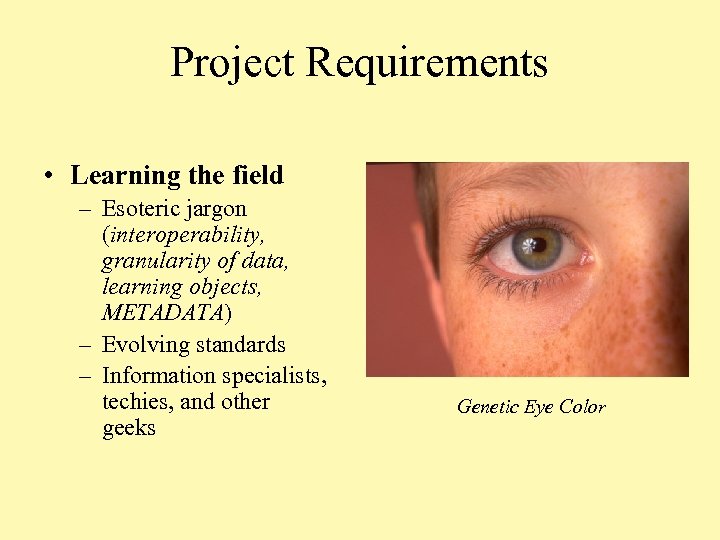 Project Requirements • Learning the field – Esoteric jargon (interoperability, granularity of data, learning