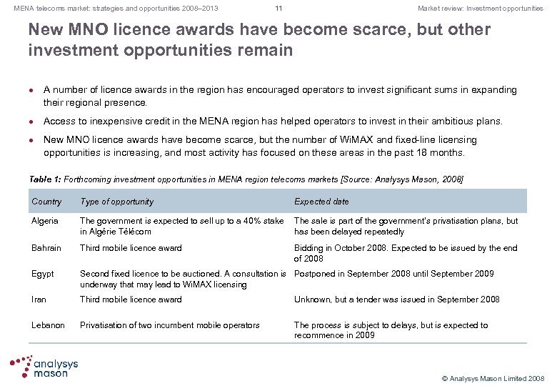 MENA telecoms market: strategies and opportunities 2008– 2013 11 Market review: Investment opportunities New
