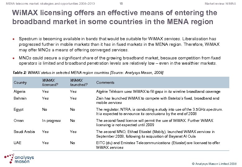 15 MENA telecoms market: strategies and opportunities 2008– 2013 Market review: Wi. MAX licensing