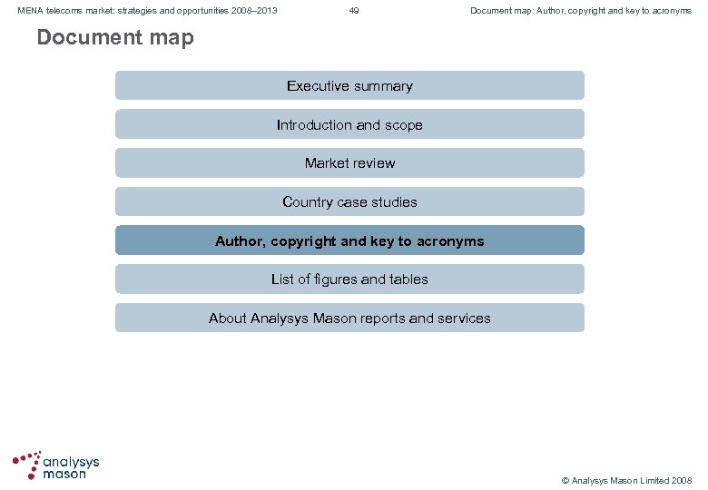 MENA telecoms market: strategies and opportunities 2008– 2013 49 Document map: Author, copyright and