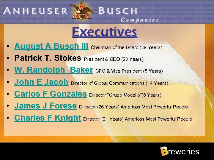 Executives • • August A Busch III Chairman of the Board (29 Years) Patrick