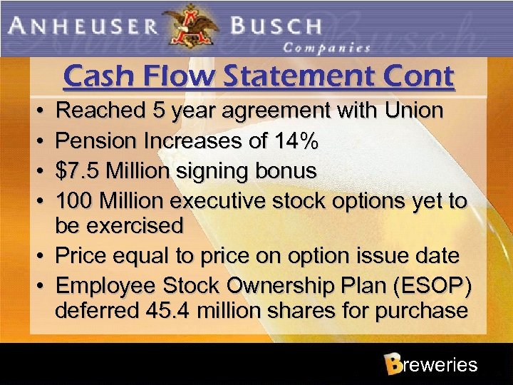 Cash Flow Statement Cont • • Reached 5 year agreement with Union Pension Increases