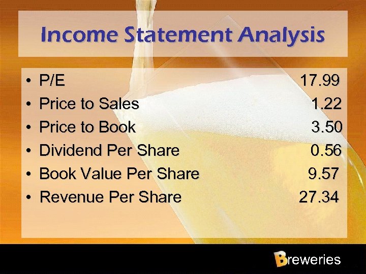 Income Statement Analysis • • • P/E 17. 99 Price to Sales 1. 22