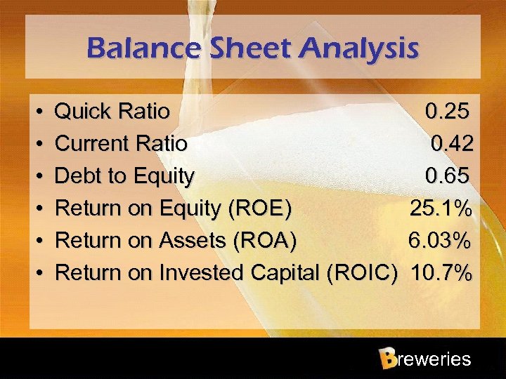 Balance Sheet Analysis • • • Quick Ratio 0. 25 Current Ratio 0. 42