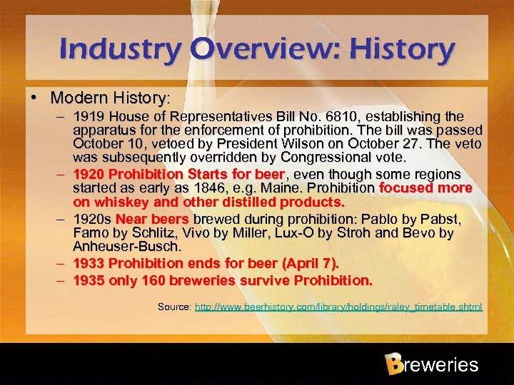 Industry Overview: History • Modern History: – 1919 House of Representatives Bill No. 6810,