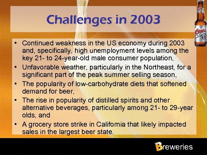 Challenges in 2003 • Continued weakness in the US economy during 2003 and, specifically,