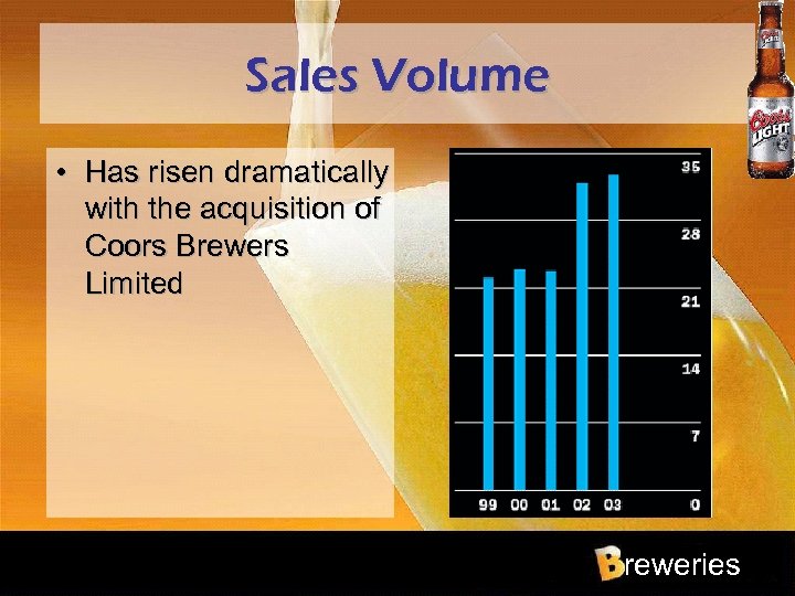 Sales Volume • Has risen dramatically with the acquisition of Coors Brewers Limited reweries