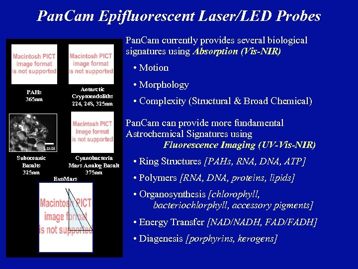 Pan. Cam Epifluorescent Laser/LED Probes Pan. Cam currently provides several biological signatures using Absorption