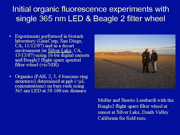 Initial organic fluorescence experiments with single 365 nm LED & Beagle 2 filter wheel