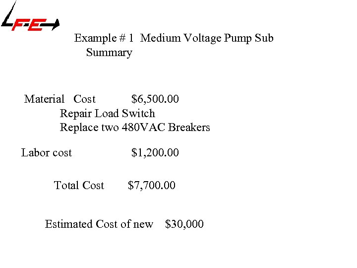 Example # 1 Medium Voltage Pump Sub Summary Material Cost $6, 500. 00 Repair