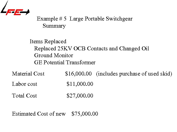 Example # 5 Large Portable Switchgear Summary Items Replaced 25 KV OCB Contacts and
