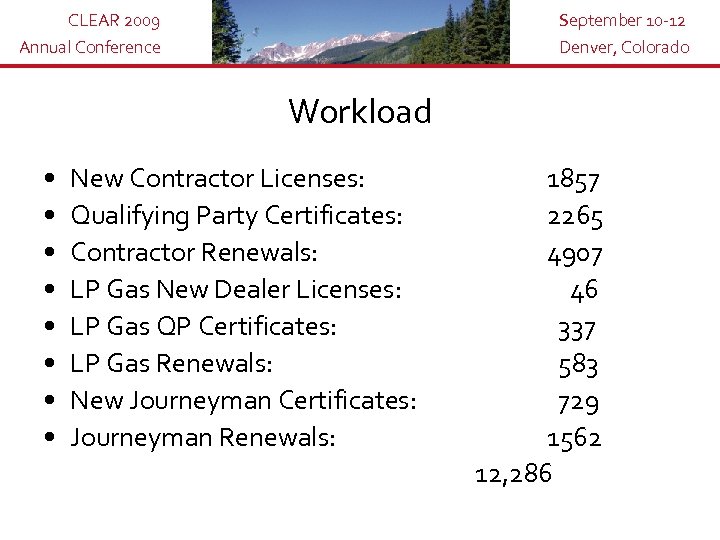 CLEAR 2009 Annual Conference September 10 -12 Denver, Colorado Workload • • New Contractor