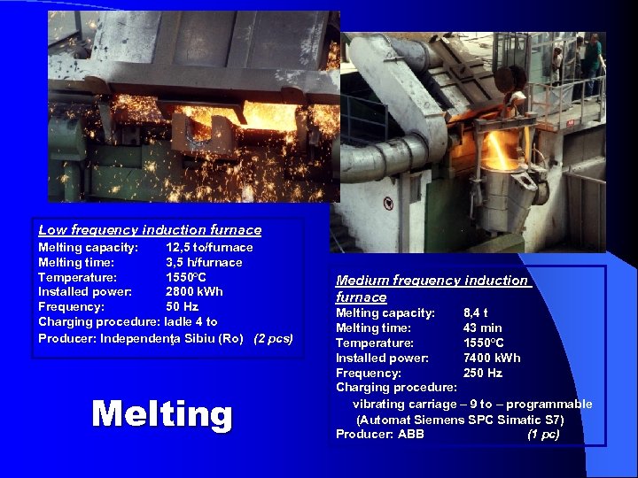 Low frequency induction furnace Melting capacity: 12, 5 to/furnace Melting time: 3, 5 h/furnace