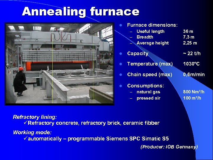 Annealing furnace l Furnace dimensions: – – – Useful length Breadth Average height 36