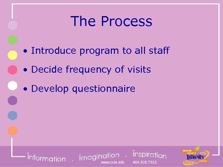 The Process • Introduce program to all staff • Decide frequency of visits •