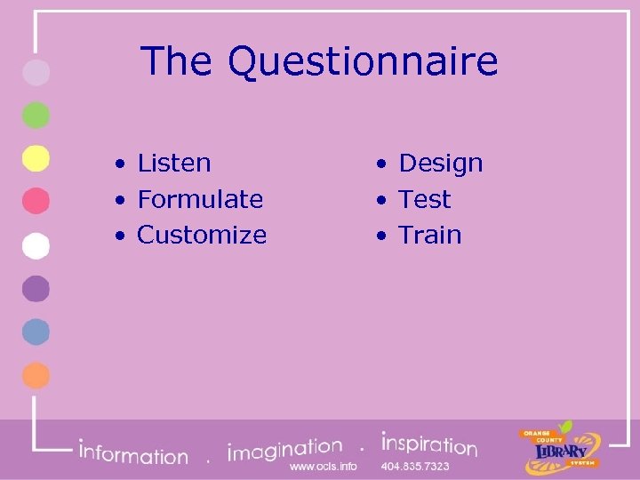 The Questionnaire • Listen • Formulate • Customize • Design • Test • Train