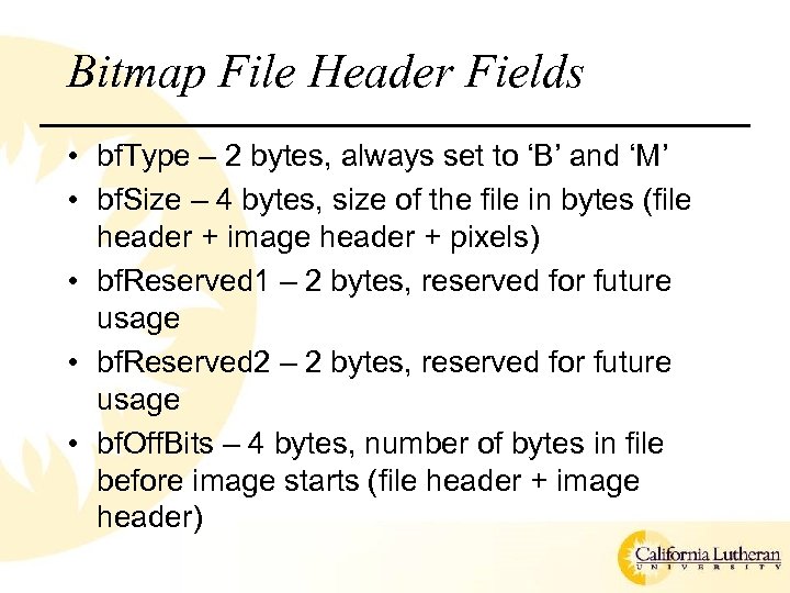 Bitmap File Header Fields • bf. Type – 2 bytes, always set to ‘B’