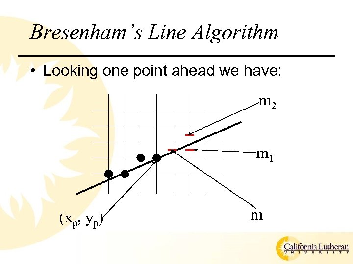 Bresenham’s Line Algorithm • Looking one point ahead we have: m 2 m 1