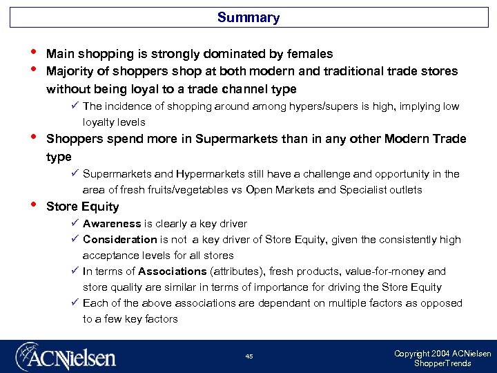 Summary • • Main shopping is strongly dominated by females Majority of shoppers shop