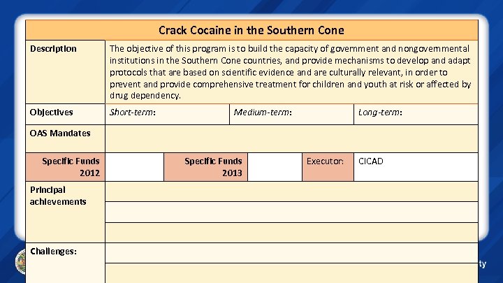 Crack Cocaine in the Southern Cone Description The objective of this program is to