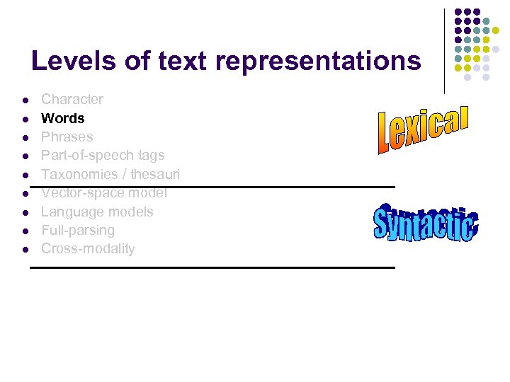Levels of text representations l l l l l Character Words Phrases Part-of-speech tags