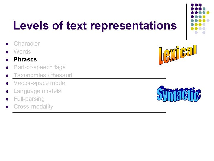 Levels of text representations l l l l l Character Words Phrases Part-of-speech tags