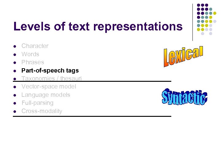 Levels of text representations l l l l l Character Words Phrases Part-of-speech tags