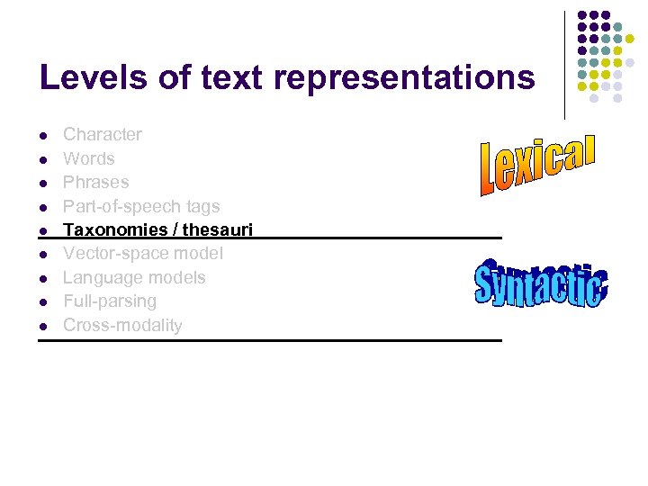 Levels of text representations l l l l l Character Words Phrases Part-of-speech tags