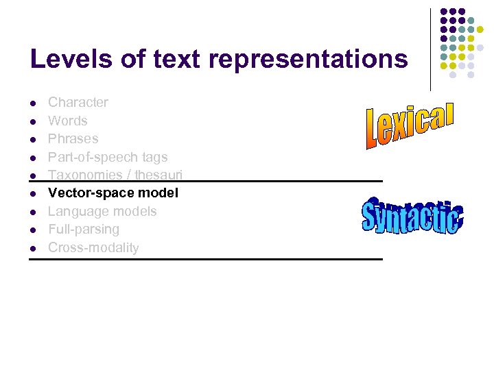 Levels of text representations l l l l l Character Words Phrases Part-of-speech tags