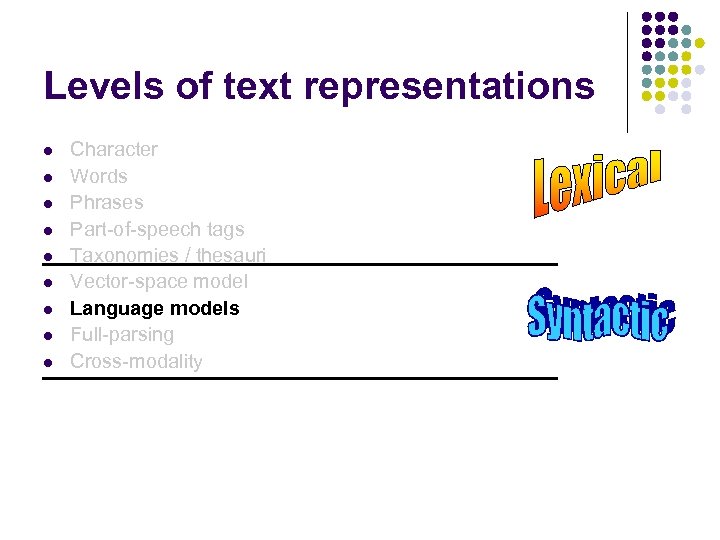 Levels of text representations l l l l l Character Words Phrases Part-of-speech tags