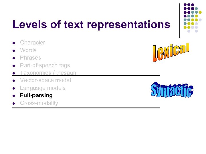 Levels of text representations l l l l l Character Words Phrases Part-of-speech tags