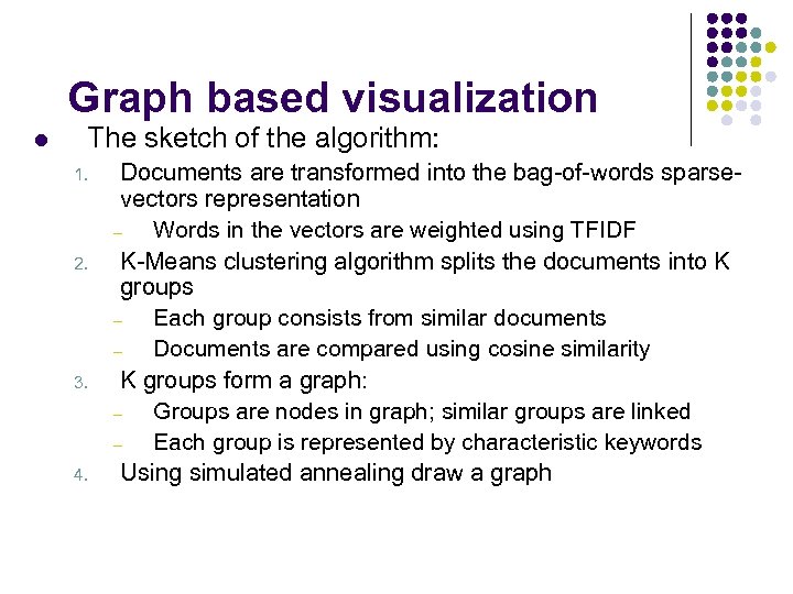 Graph based visualization l The sketch of the algorithm: 1. 2. 3. 4. Documents