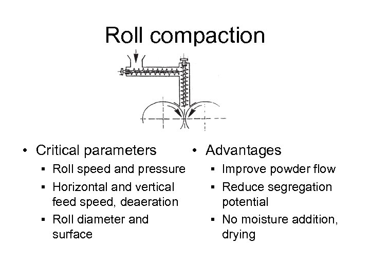 Roll compaction • Critical parameters • Advantages § Roll speed and pressure § Improve